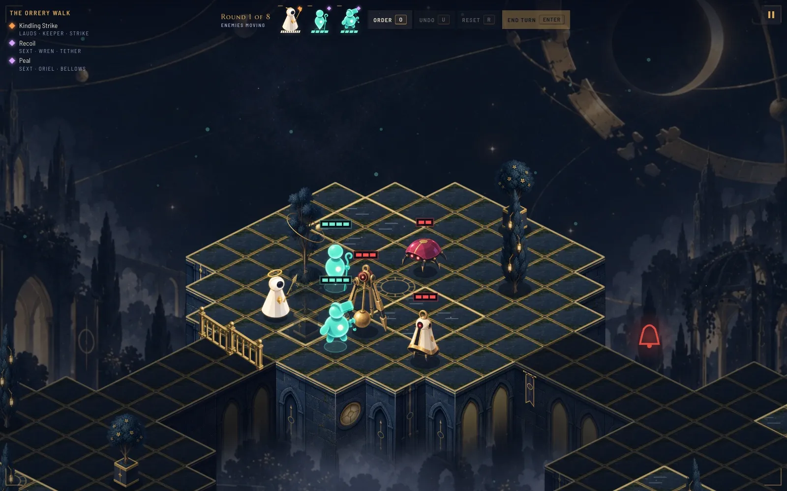 An isometric battle in the Orrery Walk. The Keeper, Wren and Oriel face a crimson beetle and an ivory bell on gold-edged flagstones, with spires and brass orbits in the night sky behind.