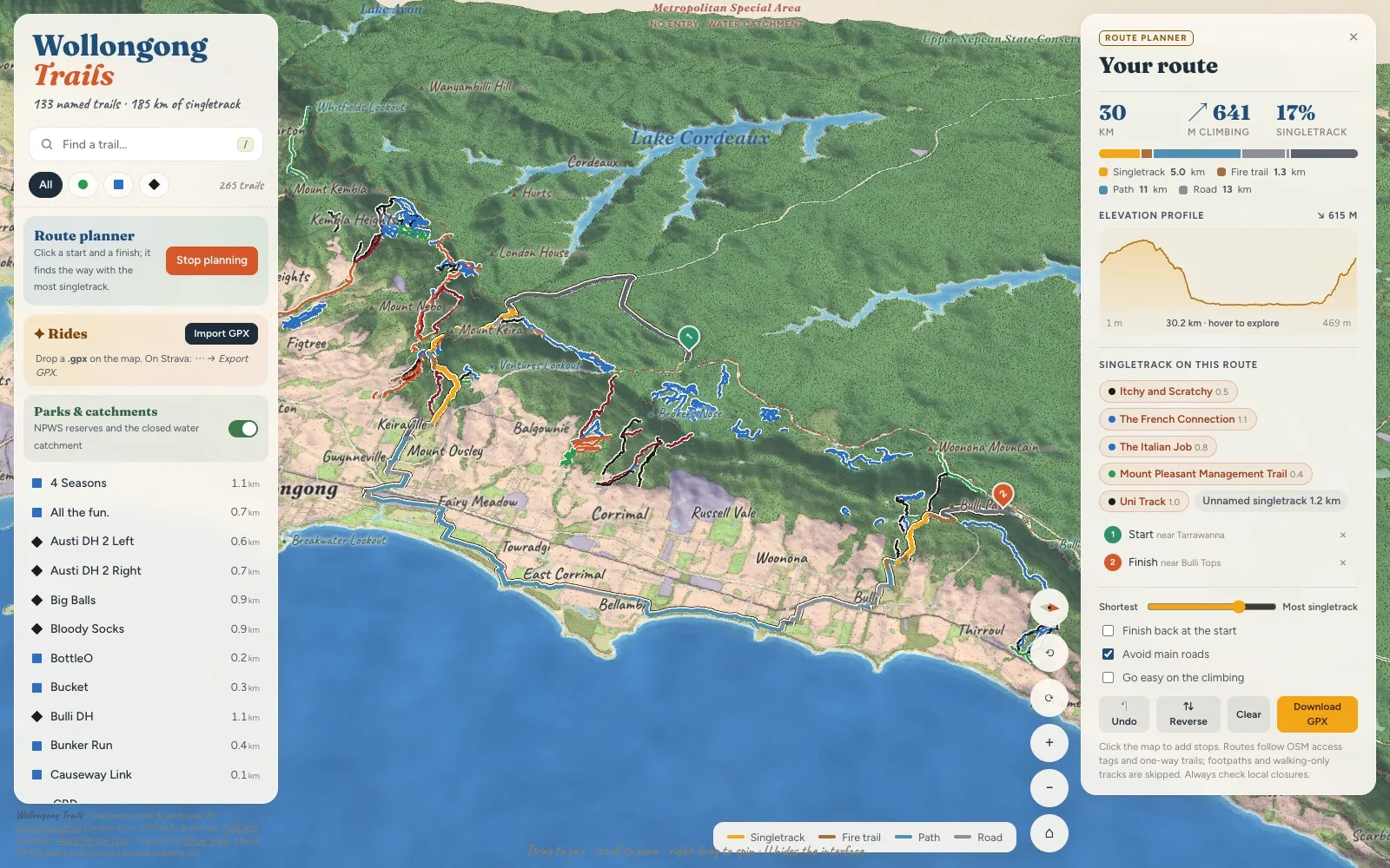 A planned 30 km route from Tarrawanna to Bulli Tops drawn on the map, with its climbing, share of singletrack, elevation profile and the trails it uses