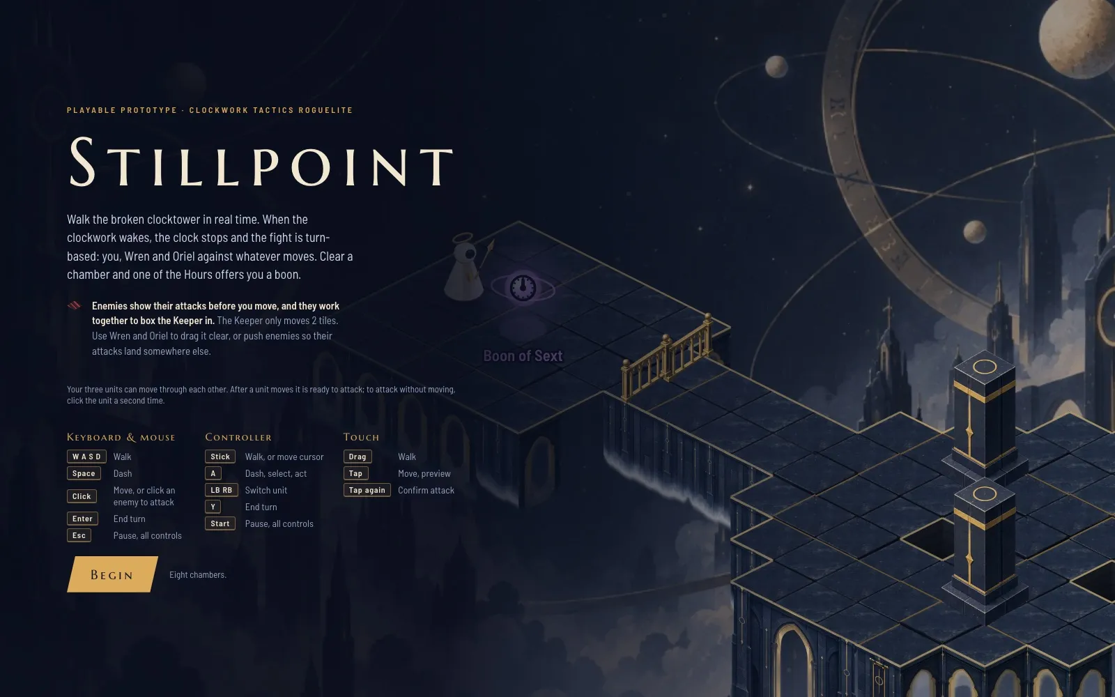 The Stillpoint title screen, with the clocktower floating in a starry sky