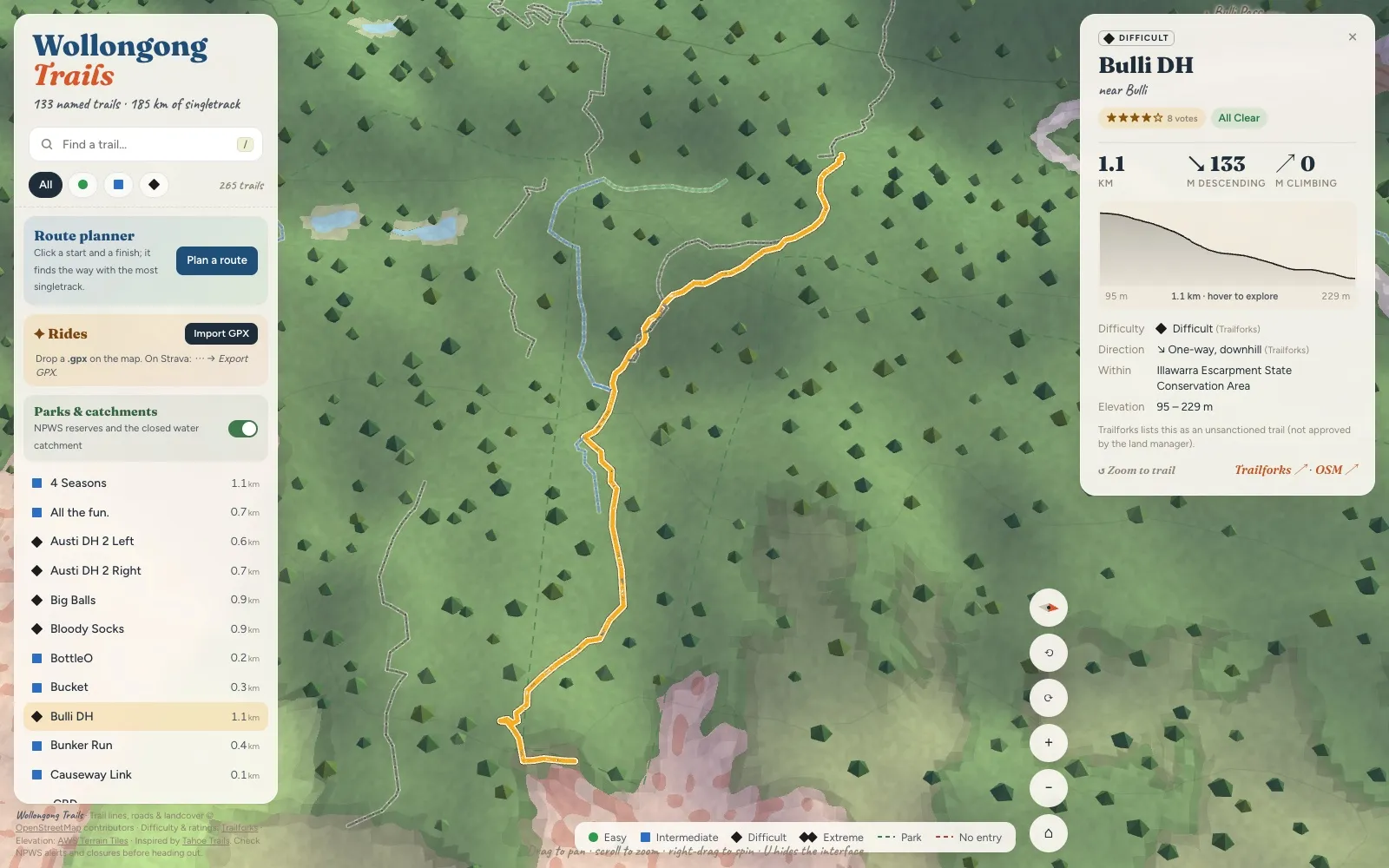 Bulli DH highlighted on the map, with its card showing a difficult, one-way downhill trail of 1.1 km, its rating and its elevation profile